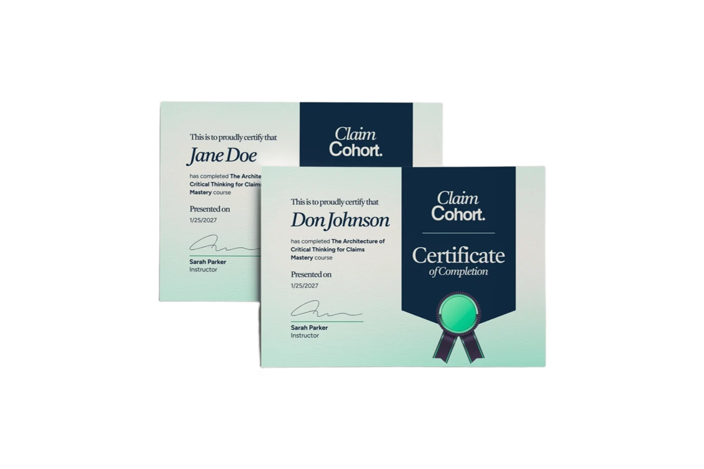 Two Claim Cohort certificates of completion, one fanned over the other