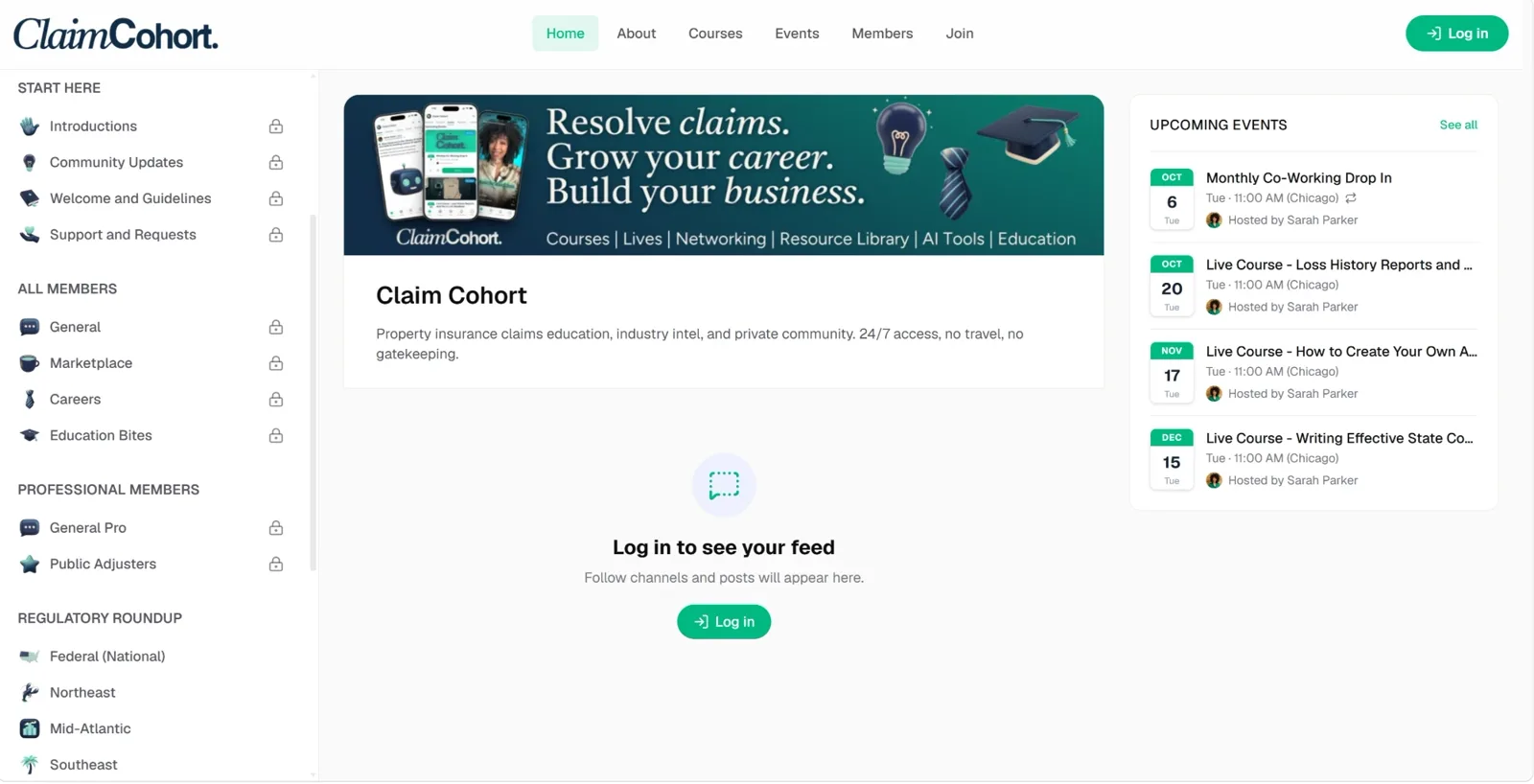 The Claim Cohort community home: channels, feed and upcoming events