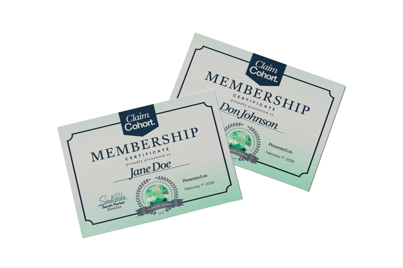 Two Claim Cohort membership certificates, fanned