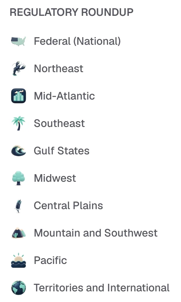 The Regulatory Roundup channels, one for each region