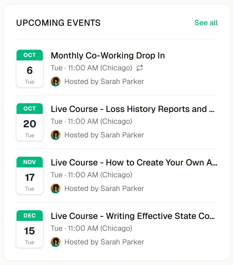 Upcoming events: monthly co-working and live courses